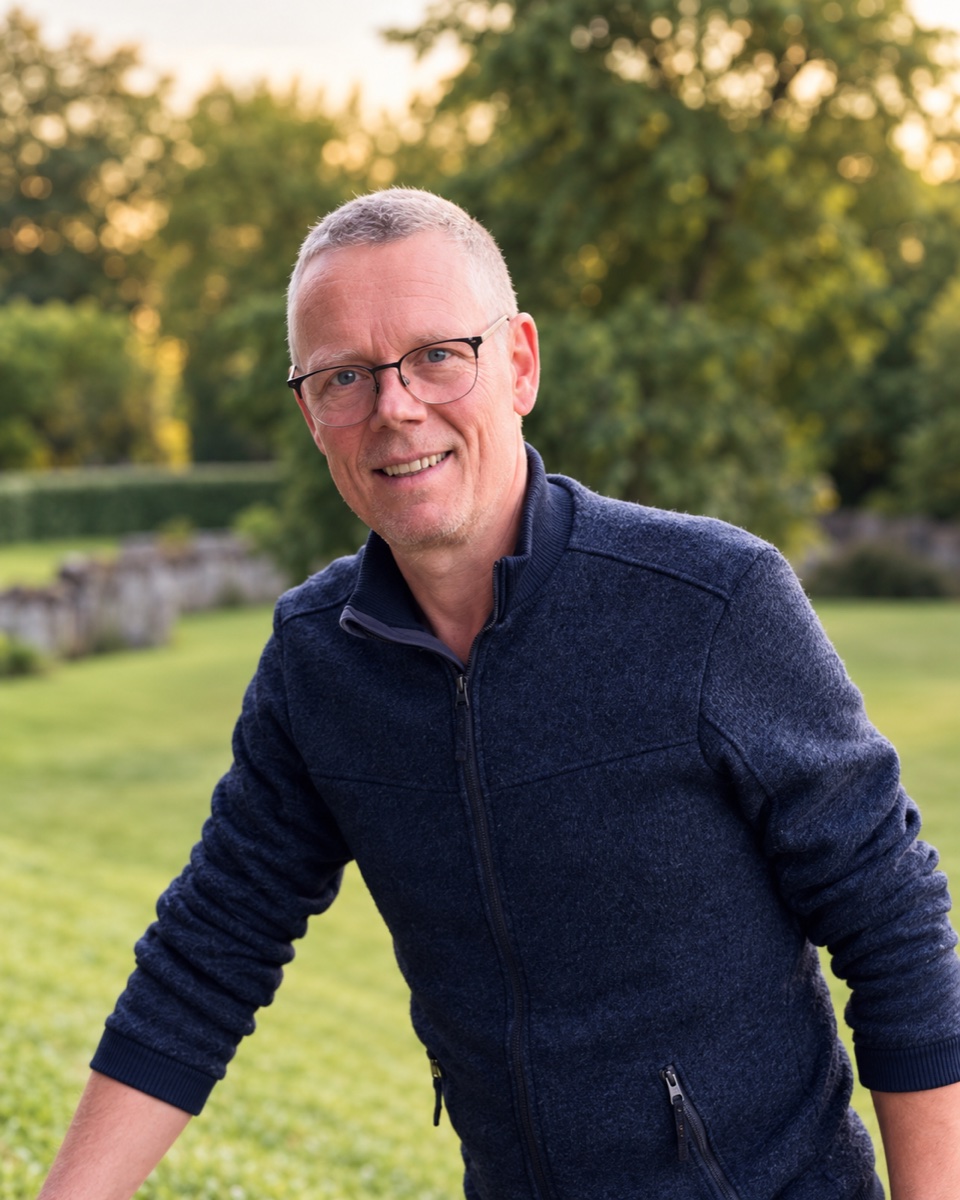 Philippe Lesne, souriant, dans un jardin.